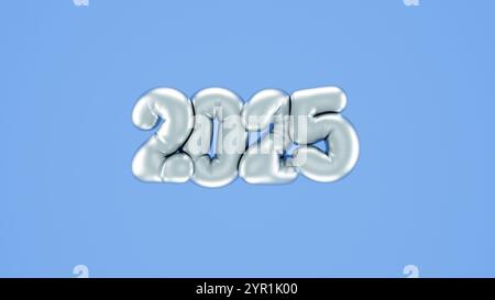 Illustrazione in 3D dei numeri di Capodanno 2025 sotto forma di palloncini gonfiati in argento Foto Stock