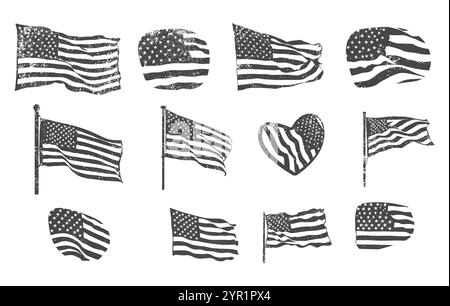 Grunge Waving usa flag svg, Grunge waving usa flag silhouette, Grunge flag silhouette, Waving flag svg, Vintage american flag svg, Rusty waving flag Illustrazione Vettoriale