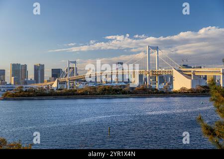 ponte arcobaleno che si estende sulla baia di tokyo, con lo skyline della città sullo sfondo Foto Stock