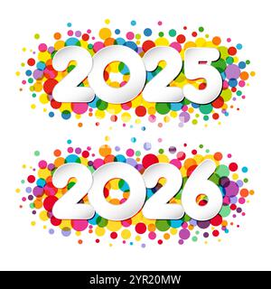 Serie di icone orizzontali per il nuovo anno 2025 e 2026. Concept creativo con bolle colorate. Informazioni sugli adesivi. Banner decorativo. Linee colorate Illustrazione Vettoriale