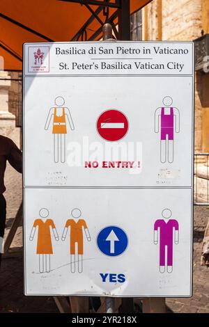 Un cartello presso la Basilica di San Pietro nella città del Vaticano indica il codice di abbigliamento che i visitatori devono seguire. Foto Stock