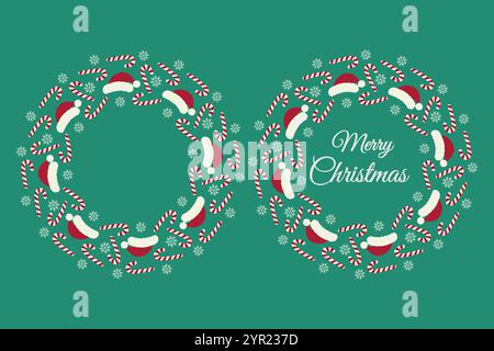 Berretti di Babbo Natale, bastone da caramelle a righe e fiocchi di neve e scritta "Merry Christmas". Set di telai circolari 2. Copia modello spazio. Schede illustrative vettoriali isolate, palo, opuscolo, tag, etichetta o banner promozionale Web Illustrazione Vettoriale