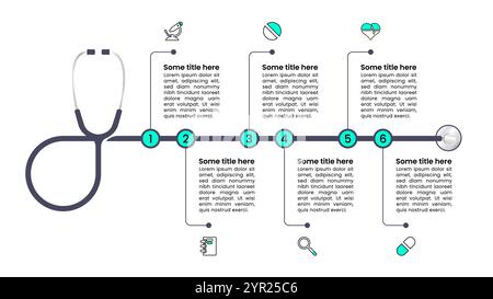 Modello infografico con icone e 6 opzioni o passaggi. Stetoscopio. Può essere utilizzato per il layout del flusso di lavoro, il diagramma, il banner, il webdesign. Illustrazione vettoriale Illustrazione Vettoriale