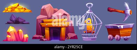 Set di elementi da gioco minerari: Gruppi di cristallo oro, viola e rosa, ingresso alla grotta con supporto in legno, uccello giallo in gabbia, piccone e carrello da miniera. Colorante Illustrazione Vettoriale
