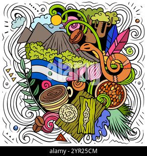 Illustrazione vettoriale divertente con tema El Salvador. Design colorato che cattura l'essenza della cultura e delle tradizioni dell'America centrale attraverso il gioco Illustrazione Vettoriale