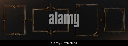Elegante cornice dorata sottile. Bordi ornamentali geometrici su sfondo nero. Design rettangolare dorato di lusso con delicata decorazione d'angolo, cur Illustrazione Vettoriale