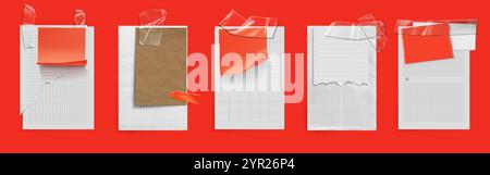 Carta per note vuote incollata con nastro adesivo trasparente. Bianco, marrone e rosso promemoria piatto e deformato e adesivo a scacchi e foderato Illustrazione Vettoriale