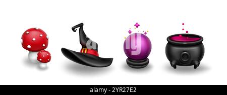 Magic 3d icons set - spotted mushrooms with red cap, witch hat, crystal fortune teller ball with sparkles and cauldron with brewing and bubbling potio Illustrazione Vettoriale