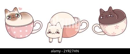 I gatti Kawaii in tazze sono isolati su sfondo bianco. Un cartone animato vettoriale contemporaneo raffigurante simpatici personaggi gattini seduti e sdraiati in tazze, hap Illustrazione Vettoriale