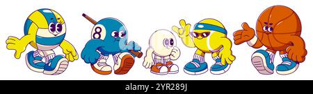 Mascotte retrò con palline sportive a fumetti che indossano sneakers. Collezione vettoriale di varie attrezzature sferiche con volti, mani e piedi espressivi carini - volley Illustrazione Vettoriale