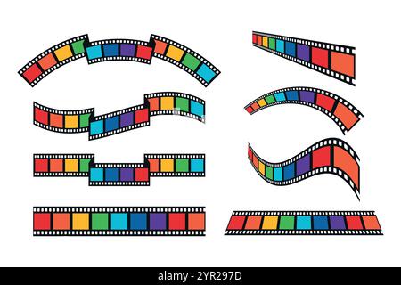 Set di strisce di pellicola colorate arcobaleno di diversa forma. Nastro di pellicola di varie forme. Illustrazione vettoriale Illustrazione Vettoriale