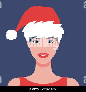 Ritratto di donna con cappello di Babbo Natale. Giovane donna sorridente che indossa il cappello di Babbo Natale. Illustrazione vettoriale Illustrazione Vettoriale