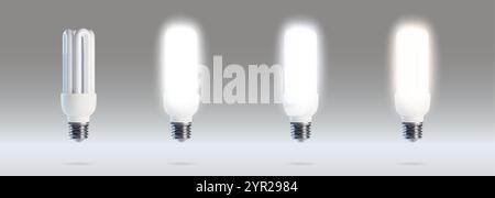 Lampade fluorescenti compatte isolate sullo sfondo. Illustrazione vettoriale realistica dell'accensione e dello spegnimento della luce cfl con illuminazione ombreggiata a risparmio energetico o Illustrazione Vettoriale