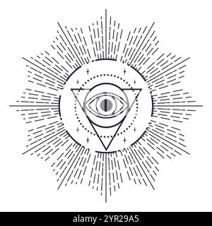 Simbolo magico dell'occhio sacro in triangolo isolato su sfondo bianco. Tutti vedono l'occhio. Tarocchi, mistero, astrologia, simbolismo esoterico Illustrazione Vettoriale