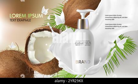 Sfondo vettoriale realistico cosmetico. Biberon bianco con gel detergente per il viso che cade nel latte spruzzato vicino alla noce di cocco incrinata con foglie di palma verde tropica. Illustrazione Vettoriale