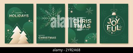 Biglietti di auguri di Natale con fiocchi di neve dorati, alberi di natale e ornamenti. Modelli moderni. Illustrazione vettoriale Illustrazione Vettoriale