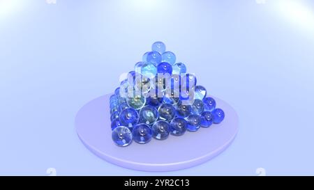 rendering 3d di sfere di vetro blu sovrapposte a piramide su disco viola Foto Stock