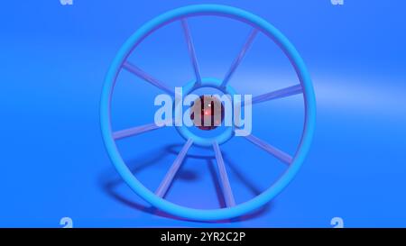 rendering 3d di una sfera di vetro rossa in una gabbia blu e metallica con sfondo blu Foto Stock