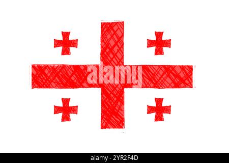 Bandiera georgiana ricreata in uno stile astratto con tratti di vernice a strati per un look contemporaneo. Raffigurazione dipinta a mano della bandiera georgiana con Foto Stock