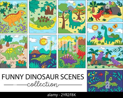 Collezione di scene orizzontali e verticali di dinosauro vettoriale Cartoon Dino pacchetto illustrativo per bambini. Carine scene preistoriche ambientate con Pterodac Illustrazione Vettoriale