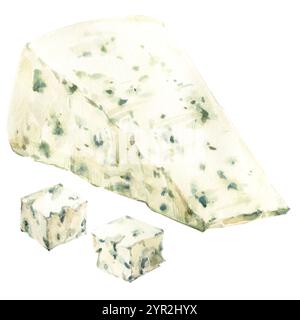 Pezzo di formaggio blu con muffa. Prodotto lattiero-caseario con odore specifico. Acquerello illustrazione di un pezzo deagonale di formaggio italiano da investimento Gorgonzola. Clipart per la progettazione di prodotti agricoli. Foto Stock