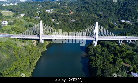 Rovine di Aguadilla in stile contemporaneo vicino al mare a Puerto Rico, con vista sulla spiaggia, il paesaggio dell'oceano e un cane sulla riva Foto Stock