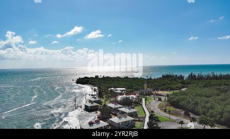 Rovine di Aguadilla in stile contemporaneo vicino al mare a Puerto Rico, con vista sulla spiaggia, il paesaggio dell'oceano e un cane sulla riva Foto Stock