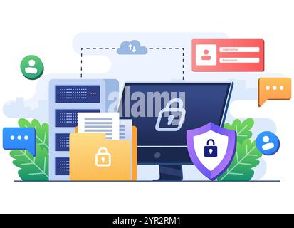 Sicurezza di database e dati personali, sicurezza informatica, informazioni sulla privacy banner a figura piatta per landing page, sito Web, app mobile Illustrazione Vettoriale