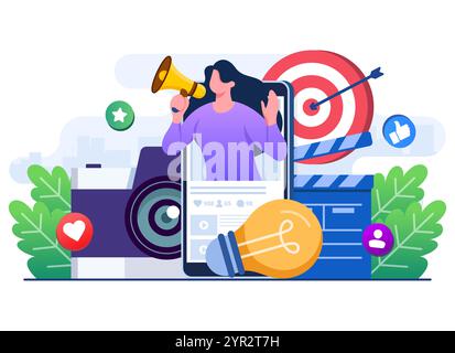 Illustrazione piatta del concetto di pubblicità video, Video marketing, Digital marketing, Social media marketing, promozione aziendale, e-commerce, Influencer ma Illustrazione Vettoriale