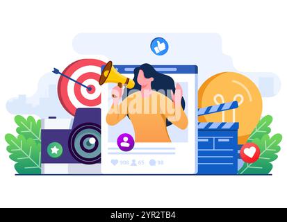 Illustrazione piatta del concetto di video marketing, Blogging, Blogger, social media marketing, e-commerce, marketing digitale, pubblicità, social media Illustrazione Vettoriale