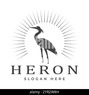 Crane Bird con Sun Rays in stile vintage. Design Pelican, Flamingo, Vector Emblem. Illustrazione del modello Illustrazione Vettoriale