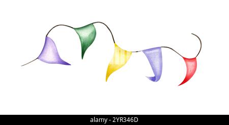 Bandiere triangolari gialle, verdi, viola e rosse su una figura ad acquerello con corda nera. Festa classica con bandiera a forma di pennant per vacanze e feste Foto Stock