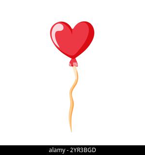 Palloncino rosso a forma di cuore con cordoncino ondulato in stile cartoni animati. Illustrazione semplice e simpatica, perfetta per San Valentino, design romantico e feste Illustrazione Vettoriale