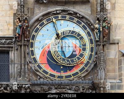 Orologio astronomico (Pražský orloj) da vicino sulla torre del municipio di Praga. Il meccanismo storico all'esterno è un'attrazione turistica. Foto Stock