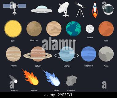 Una collezione di pixel art di icone spaziali e corpi celesti, compresi pianeti e oggetti spaziali. Illustrazione Vettoriale
