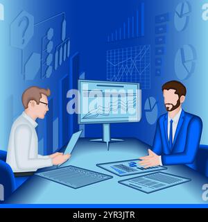 Condurre colloqui con le parti interessate per identificare e comprendere i problemi del processo decisionale. Illustrazione vettoriale 2D. Illustrazione Vettoriale