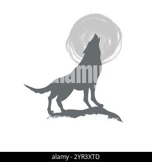 Il lupo urla sulla luna. Design grafico su una t-shirt. disegno a mano. Non ai, illustrazione vettoriale. Illustrazione Vettoriale
