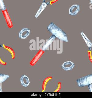 Un motivo senza cuciture con sfondo grigio con martelli con manico rosso, pinze gialle e bulloni argentati in stile clipart ad acquerello. Perfetto per confezioni, decorazioni e capi di abbigliamento audaci Foto Stock