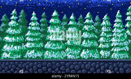 Alberi di Natale, foresta innevata. Oggetti pixel art a 8 bit. sfondo orizzontale per l'applicazione o un sito web. Risorse di gioco retrò. Computer d'epoca Illustrazione Vettoriale