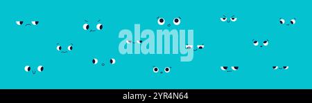 Il cartone animato affronta gli occhi con espressioni diverse. Sfondo divertente e felice. Illustrazione vettoriale piatta isolata Illustrazione Vettoriale