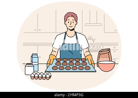 Man baker prepara biscotti di farina d'avena o pan di zenzero mentre si trova vicino al tavolo della cucina con gli ingredienti. Baker Guy vestito con grembiule e guanti dimostra con orgoglio che il dessert è pronto per la cottura. Illustrazione Vettoriale