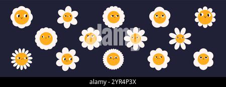 Groovy Daisy fiori faccia collezione. La camomilla retrò sorride in stile cartoon. Felice set di adesivi a partire dal 70s. Illustrazione grafica vettoriale Illustrazione Vettoriale