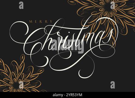 Buone lettere calligrafiche scritte a mano per il Natale con disegno floreale su sfondo nero Illustrazione Vettoriale