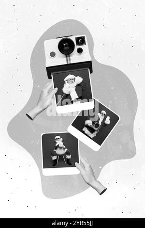 Collage verticale delle mani tenere stampate cartoline fotografiche istantanee babbo natale comunicare telefono ascoltare musica isolato su sfondo creativo Foto Stock