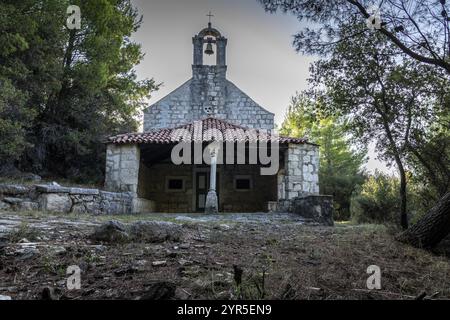 Cappella in pietra nella foresta, circondata da alti alberi e un'atmosfera tranquilla e deserta, Peljesac, Croazia, Europa Foto Stock