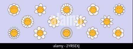 Groovy Daisy fiori faccia collezione. La camomilla retrò sorride in stile cartoon. Felice set di adesivi a partire dal 70s. Illustrazione grafica vettoriale Illustrazione Vettoriale