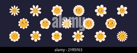 Groovy Daisy fiori faccia collezione. La camomilla retrò sorride in stile cartoon. Felice set di adesivi a partire dal 70s. Illustrazione grafica vettoriale Illustrazione Vettoriale