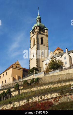 Vista di una storica torre della chiesa circondata da vigneti sotto un cielo azzurro limpido in autunno, la chiesa di San Pietro e Paolo, Melnik, Melnick, Central Bohem Foto Stock