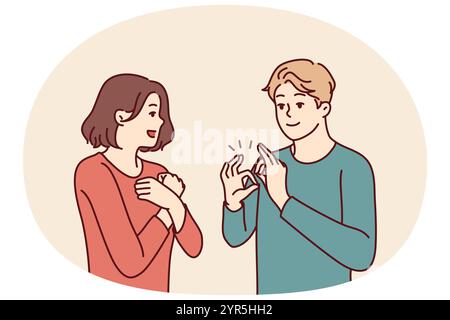 L'uomo e la donna sordomuti parlano usando il linguaggio dei segni e mostrano simboli con le mani. Guy insegna il linguaggio dei segni della ragazza per il concetto di inclusività e socializzazione delle persone con disabilità Illustrazione Vettoriale