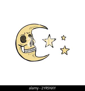 Mezzaluna disegnata a mano con faccia del cranio isolata su sfondo bianco Illustrazione Vettoriale